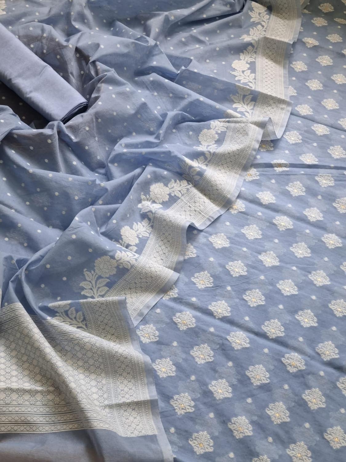 Blue Banarasi Chanderi Silk Three Piece Unstitched Suit Set - Luxurion World