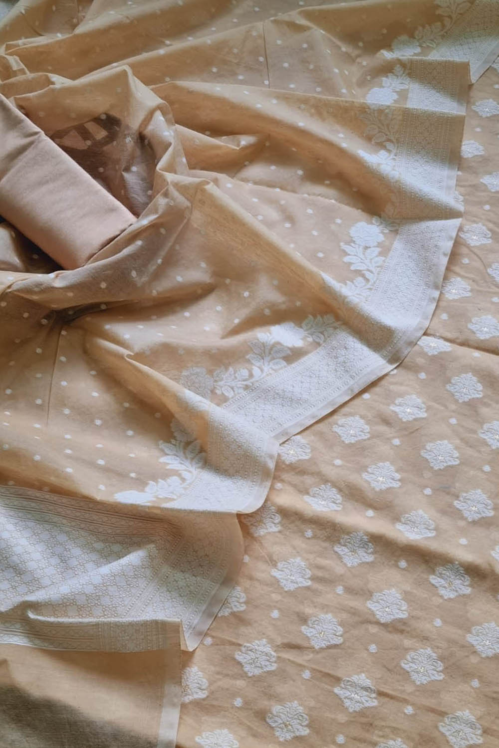 Orange Banarasi Chanderi Silk Three Piece Unstitched Suit Set - Luxurion World