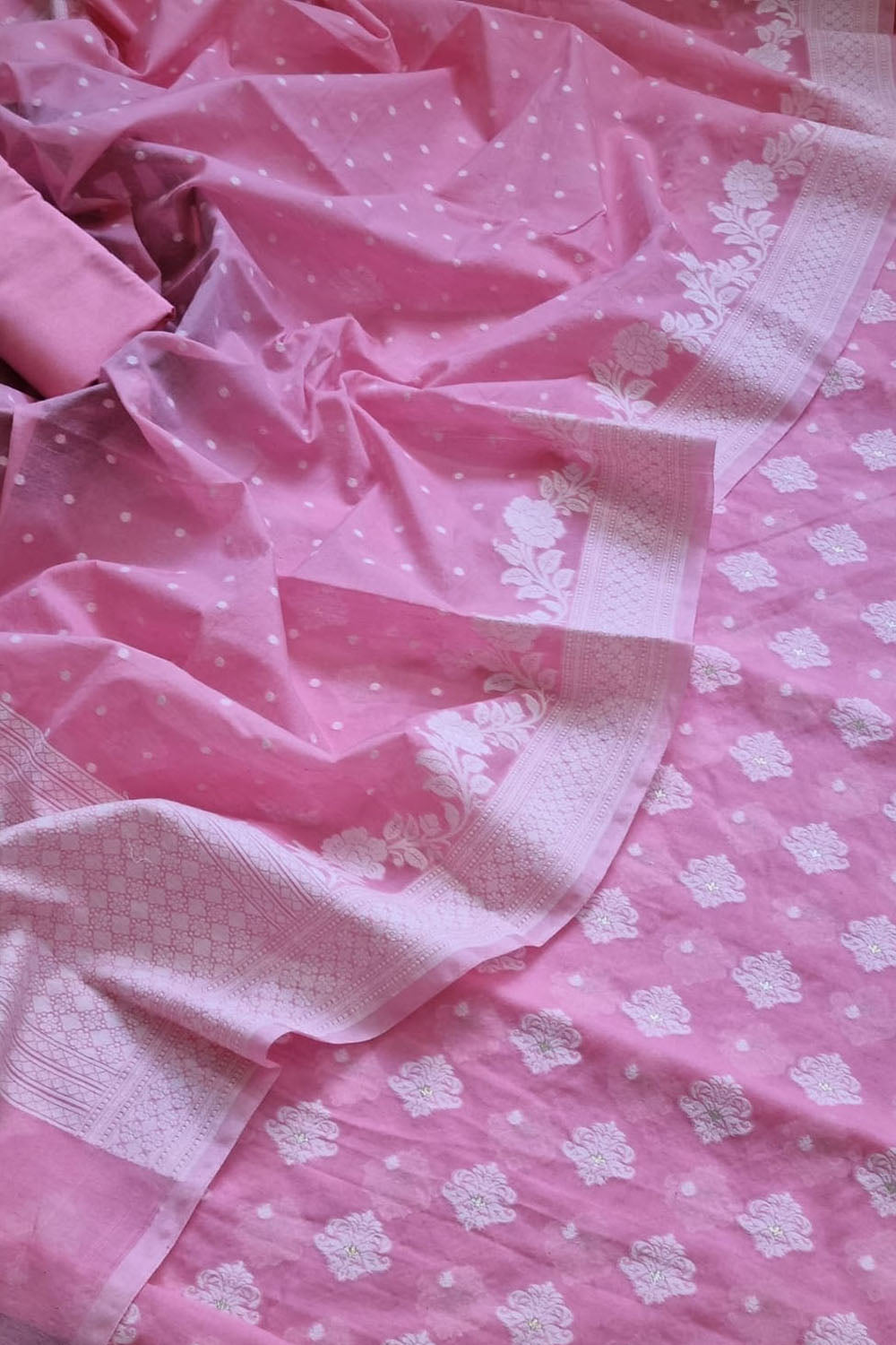 Pink Banarasi Chanderi Silk Three Piece Unstitched Suit Set - Luxurion World