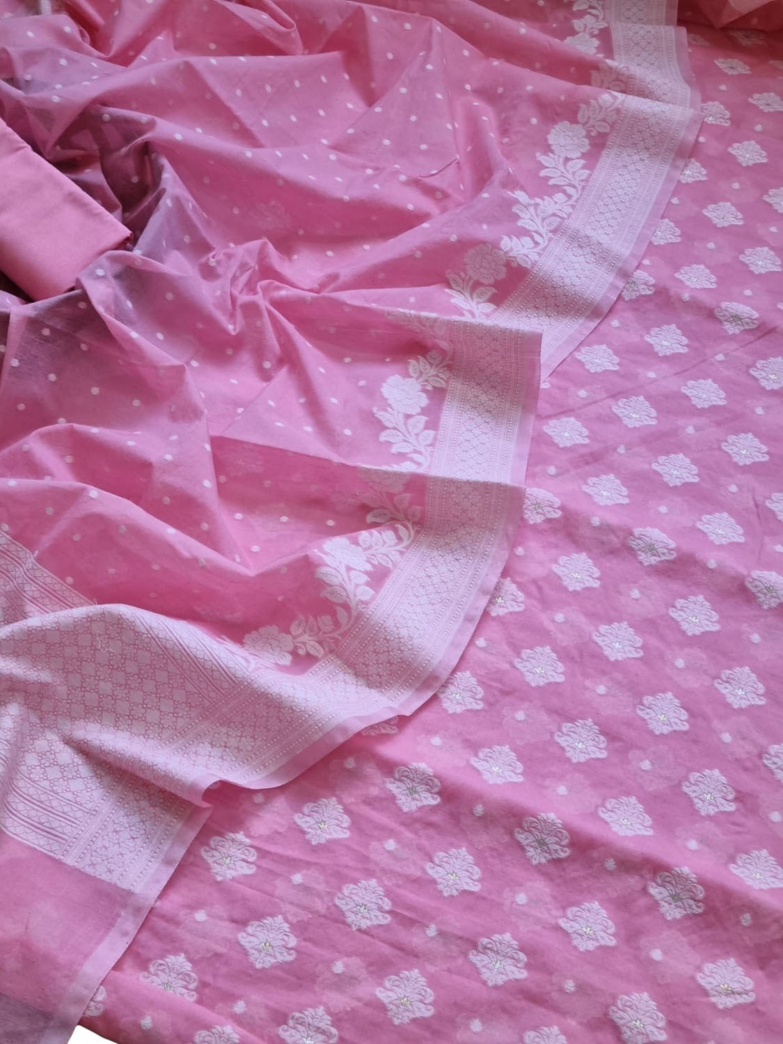 Pink Banarasi Chanderi Silk Three Piece Unstitched Suit Set - Luxurion World