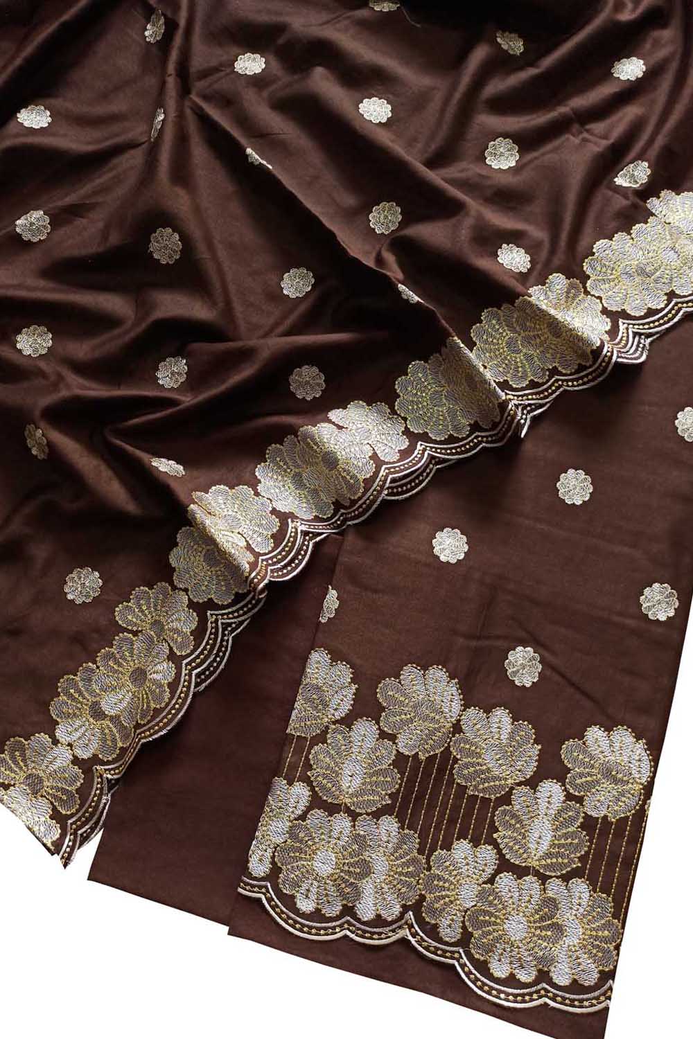 Brown Banarasi Chanderi Silk Cutwork Embroidered Unstitched Suit - Luxurion World