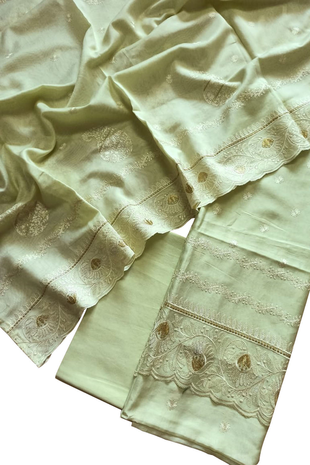 Green Banarasi Pure Chanderi Silk Embroidered Suit Set - Luxurion World