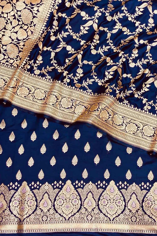 Elegant Blue Banarasi Satin Silk Suit Set: Unstitched Luxury for All Occasions