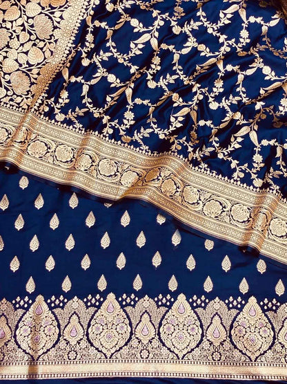 Elegant Blue Banarasi Satin Silk Suit Set: Unstitched Luxury for All Occasions - Luxurion World