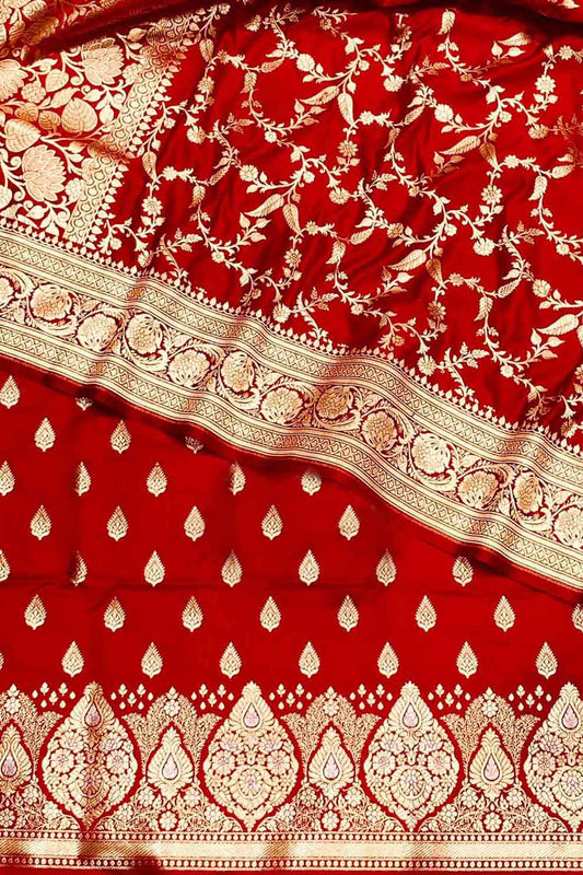 Elegant Red Banarasi Satin Silk Three Piece Suit Set