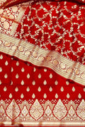 Elegant Red Banarasi Satin Silk Three Piece Suit Set - Luxurion World