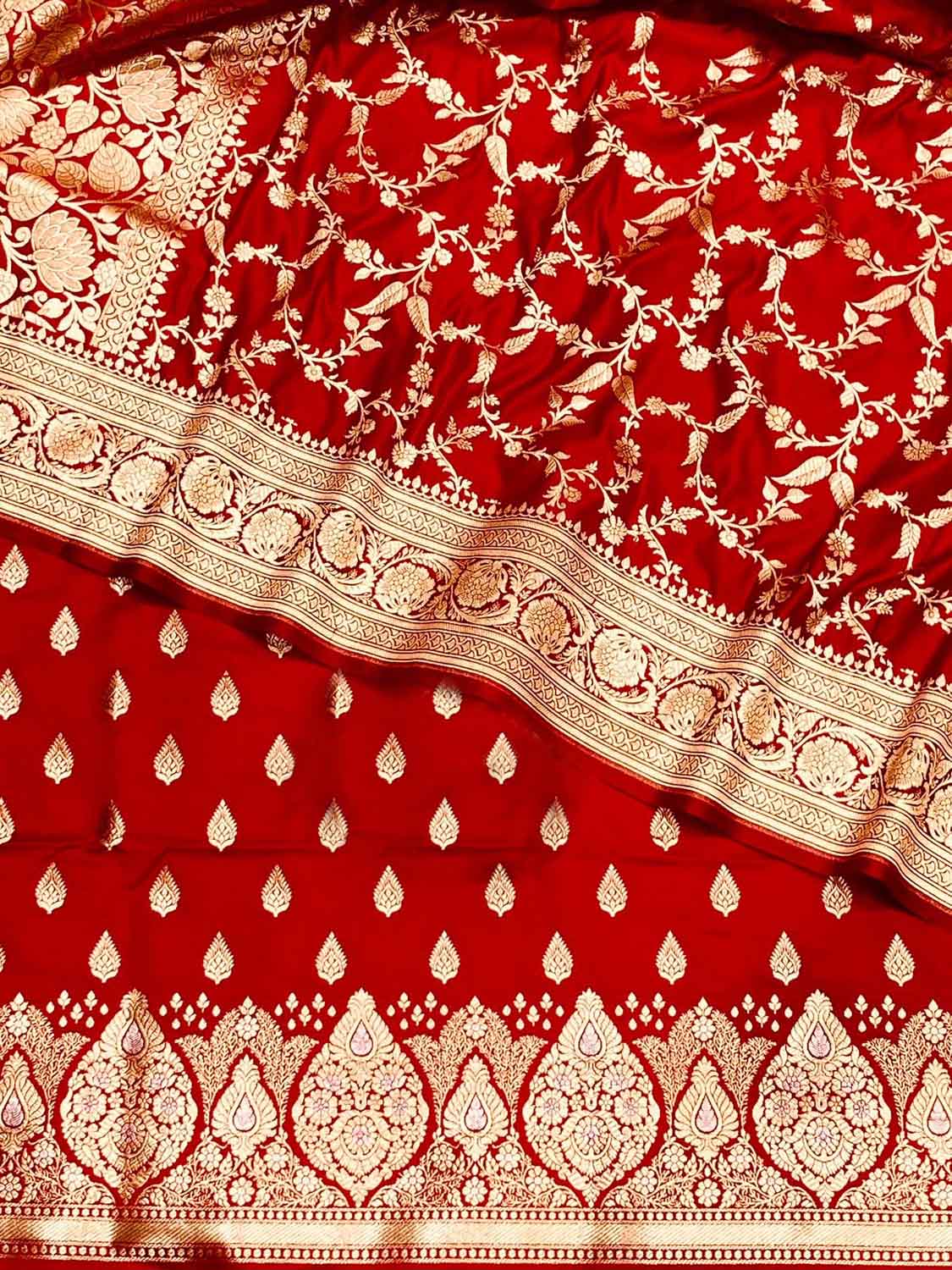 Elegant Red Banarasi Satin Silk Three Piece Suit Set - Luxurion World