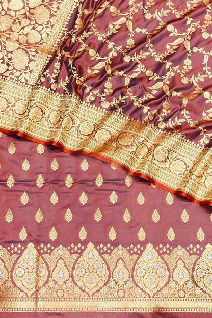 Elegant Maroon Banarasi Silk Suit Set: Unstitched & Luxurious - Luxurion World