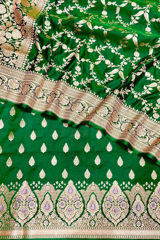Elegant Green Banarasi Satin Silk Suit Set: Unstitched Three Piece