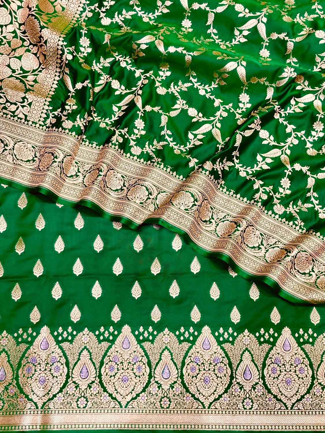 Elegant Green Banarasi Satin Silk Suit Set: Unstitched Three Piece - Luxurion World
