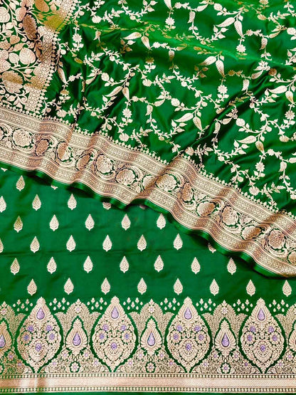 Elegant Green Banarasi Satin Silk Suit Set: Unstitched Three Piece - Luxurion World