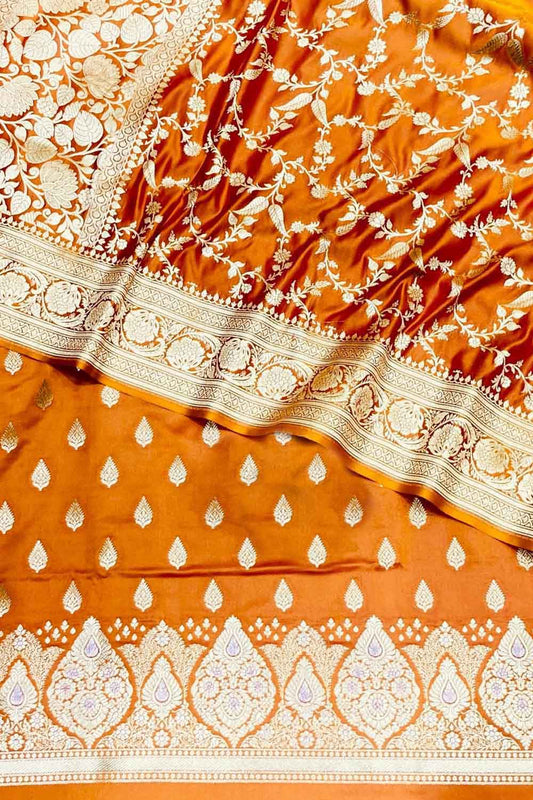Elegant Orange Banarasi Satin Silk Three Piece Unstitched Suit Set