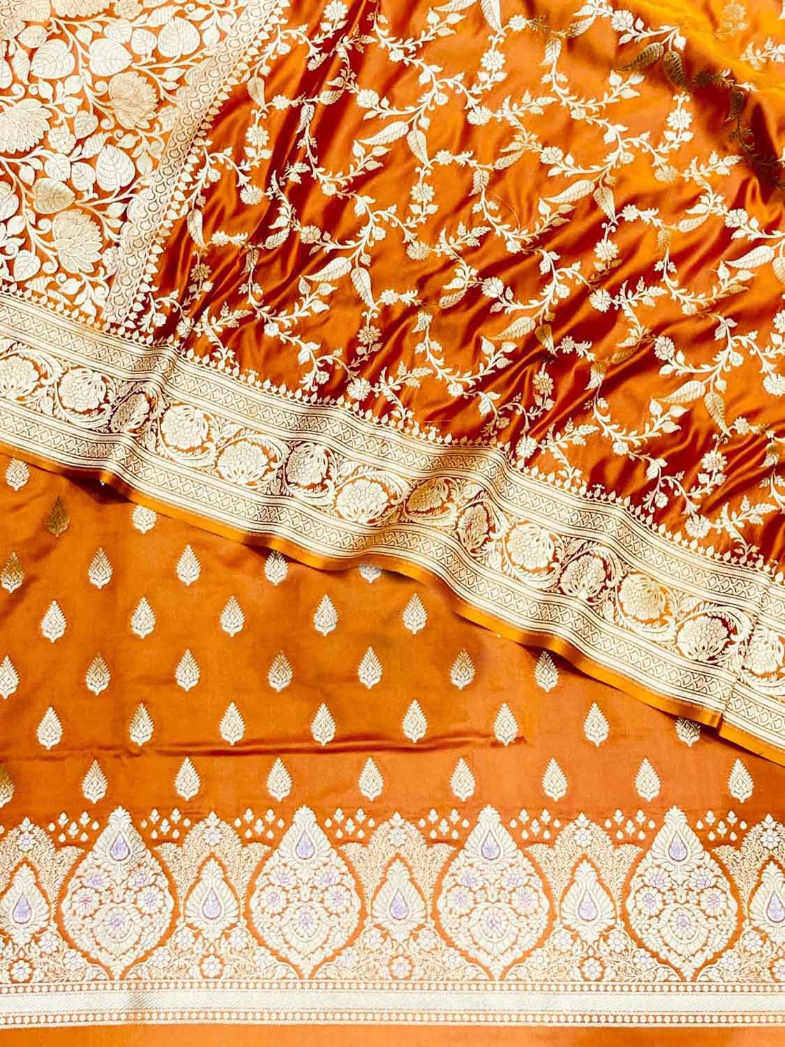 Elegant Orange Banarasi Satin Silk Three Piece Unstitched Suit Set - Luxurion World