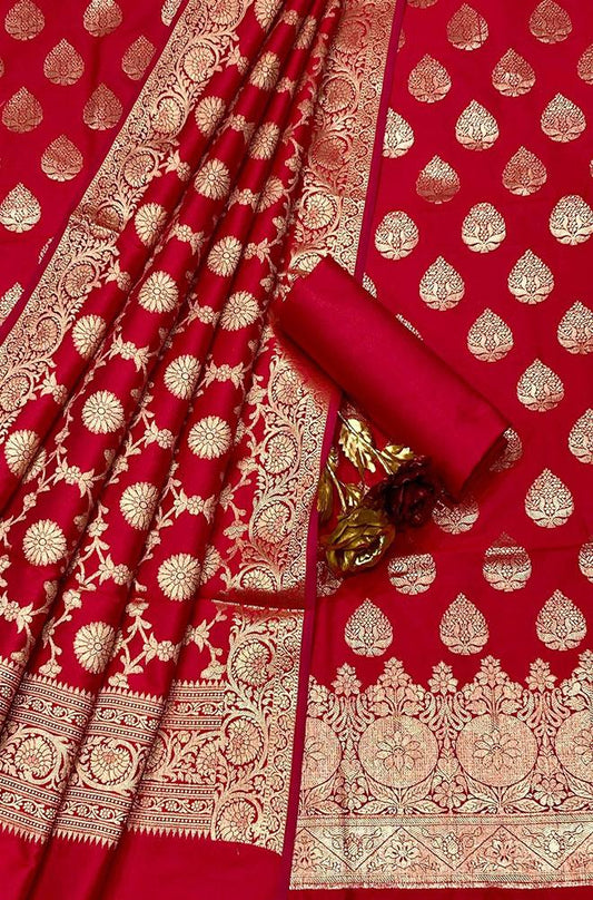 Red Banarasi Silk Three Piece Unstitched Suit Set - Luxurion World
