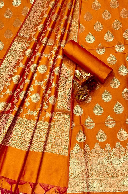 Orange Banarasi Silk Three Piece Unstitched Suit Set - Luxurion World