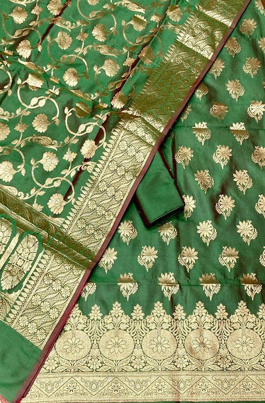 Green Banarasi Silk Three Piece Unstitched Suit Set - Luxurion World