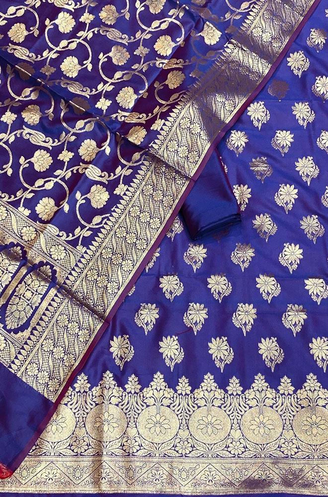 Blue Banarasi Silk Three Piece Unstitched Suit Set - Luxurion World