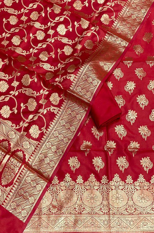 Red Banarasi Silk Three Piece Unstitched Suit Set - Luxurion World