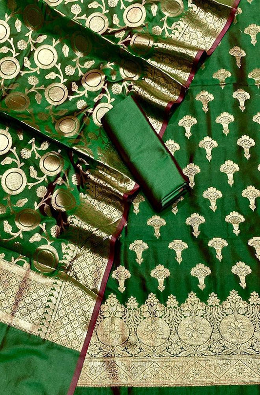 Green Banarasi Silk Three Piece Unstitched Suit Set - Luxurion World