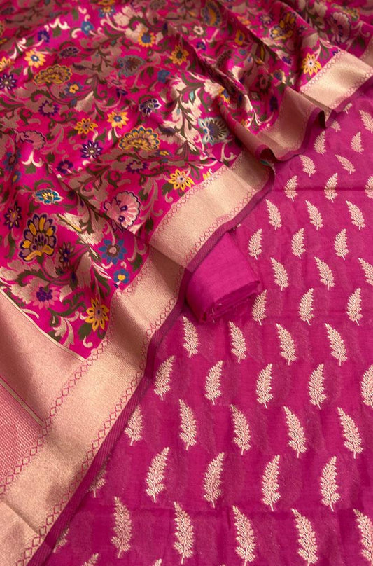 Pink Banarasi Chanderi Silk Three Piece Unstitched Suit Set - Luxurion World