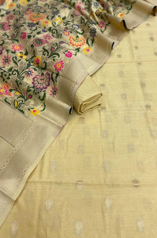 Yellow Banarasi Chanderi Silk Three Piece Unstitched Suit Set - Luxurion World