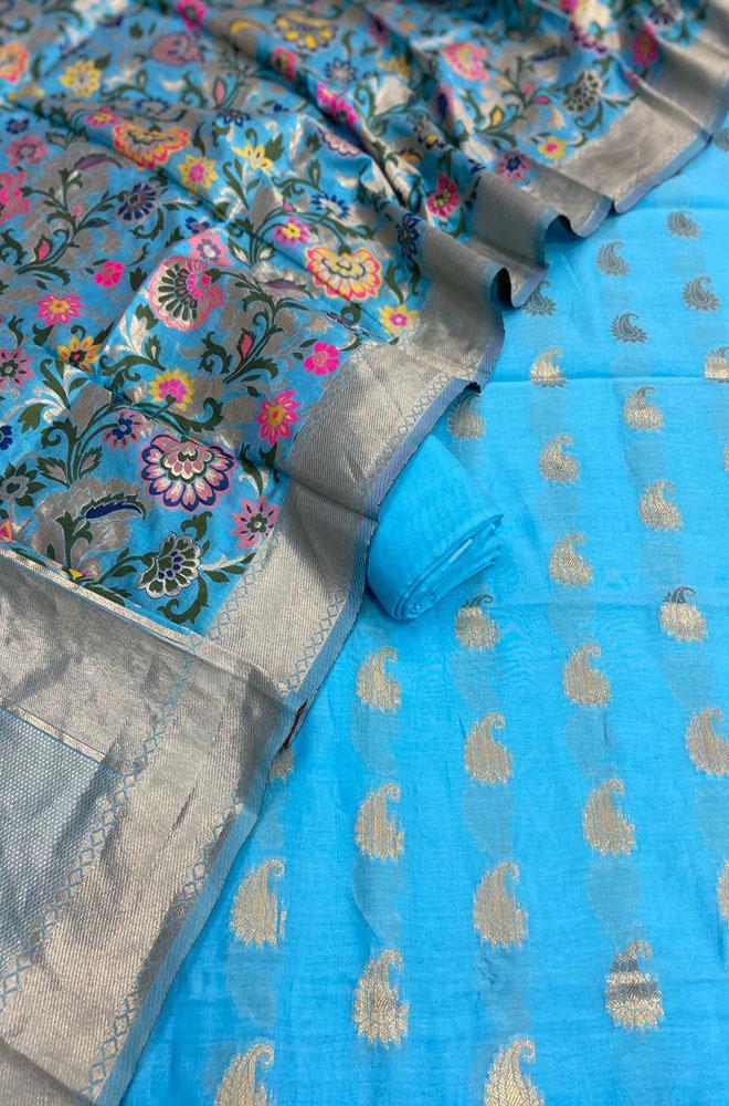 Blue Banarasi Chanderi Silk Three Piece Unstitched Suit Set - Luxurion World