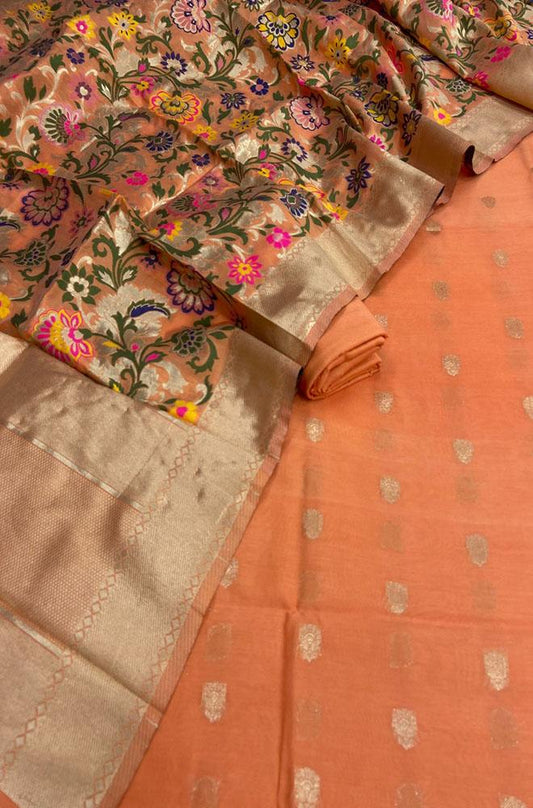 Orange Banarasi Chanderi Silk Three Piece Unstitched Suit Set - Luxurion World