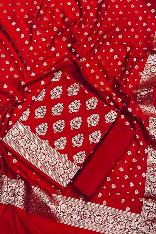 Stunning Red Banarasi Dupion Silk Suit Set - Unstitched 3-Piece - Luxurion World