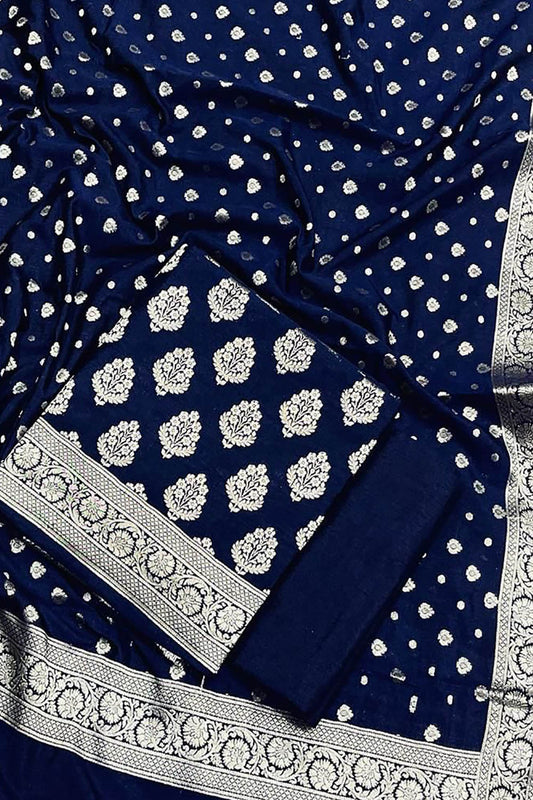 Stunning Blue Banarasi Dupion Silk Suit Set - Unstitched 3-Piece
