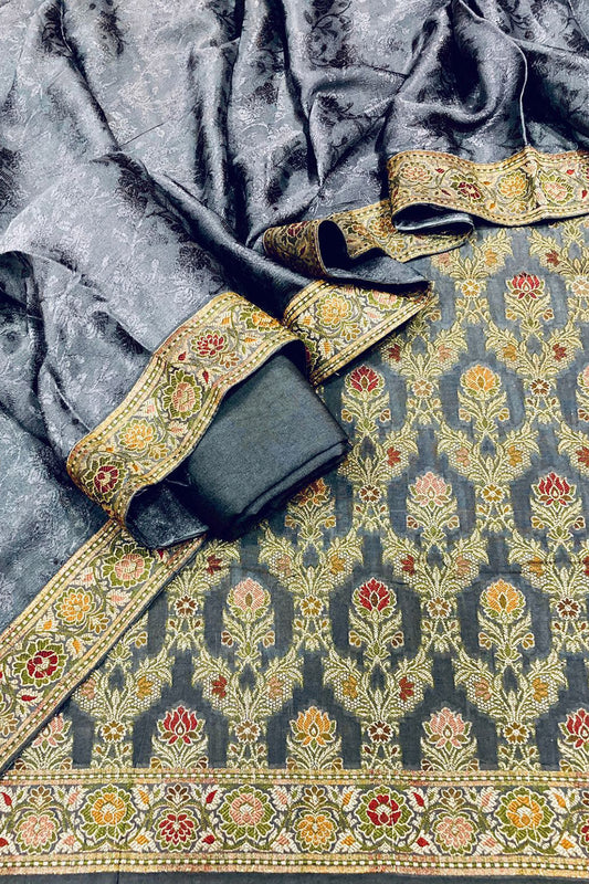 Stunning Grey Banarasi Chiniya Silk Suit Set - Unstitched - Luxurion World