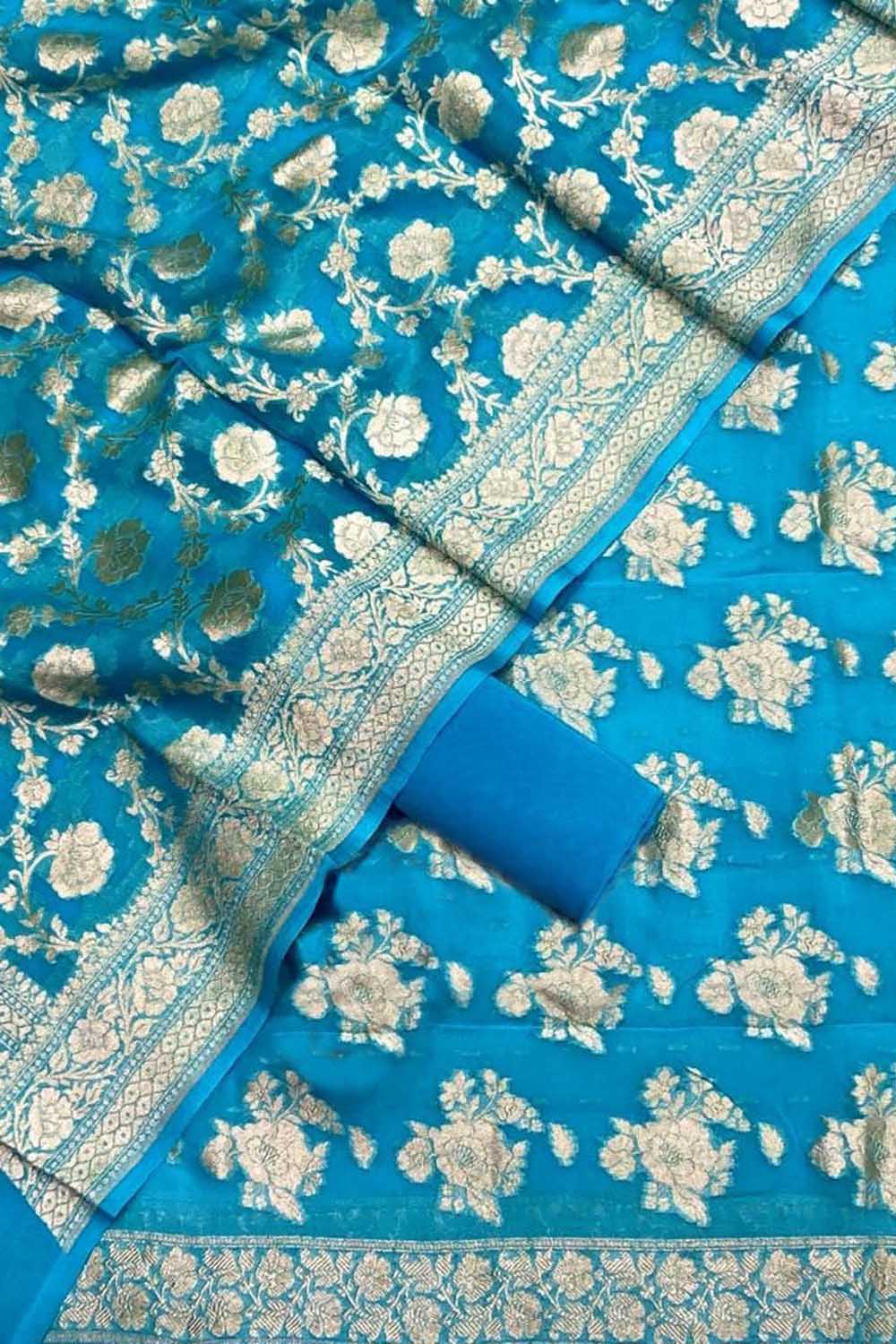 Blue Banarasi Georgette Three Piece Unstitched Suit Set - Luxurion World