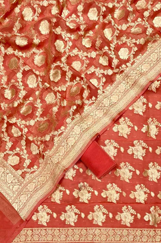 Orange Banarasi Georgette Three Piece Unstitched Suit Set - Luxurion World