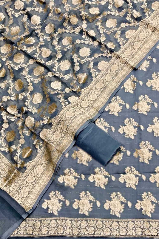 Grey Banarasi Georgette Three Piece Unstitched Suit Set - Luxurion World