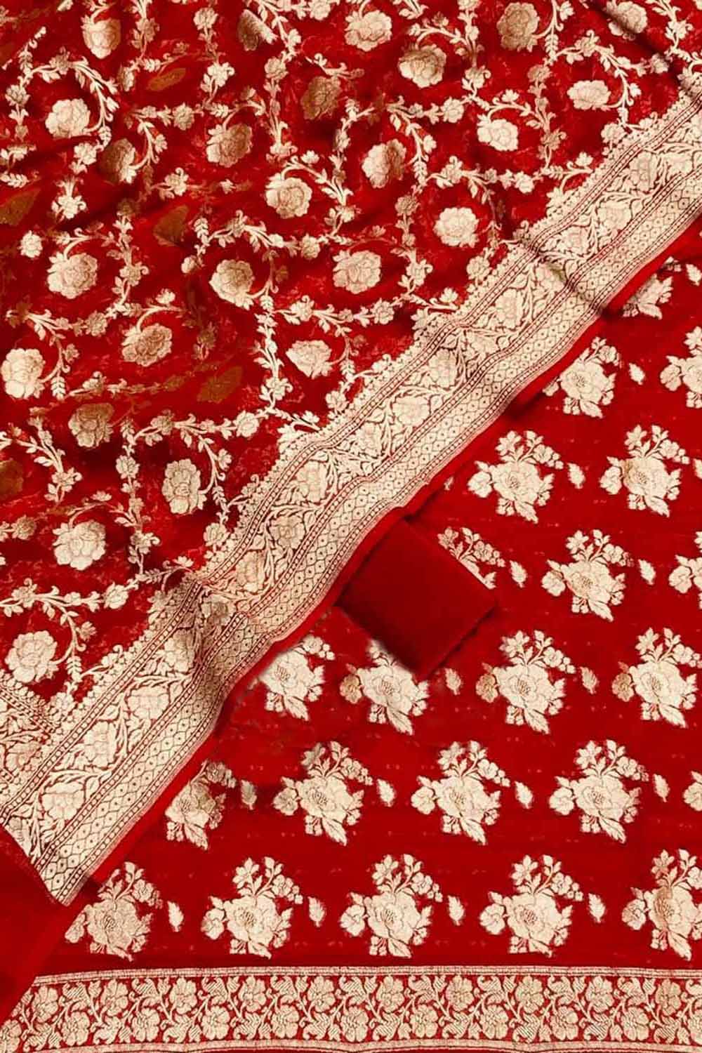 Red Banarasi Georgette Three Piece Unstitched Suit Set - Luxurion World