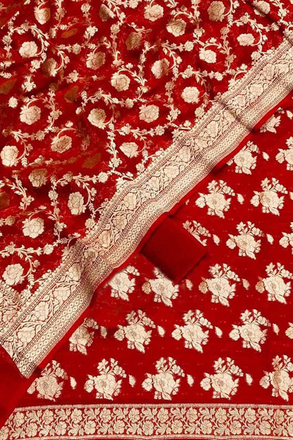 Red Banarasi Georgette Three Piece Unstitched Suit Set - Luxurion World