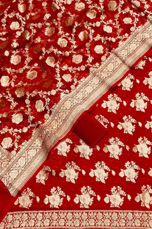 Red Banarasi Georgette Three Piece Unstitched Suit Set - Luxurion World