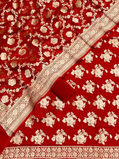 Red Banarasi Georgette Three Piece Unstitched Suit Set - Luxurion World
