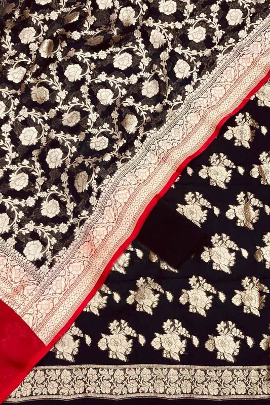 Black Banarasi Georgette Three Piece Unstitched Suit Set