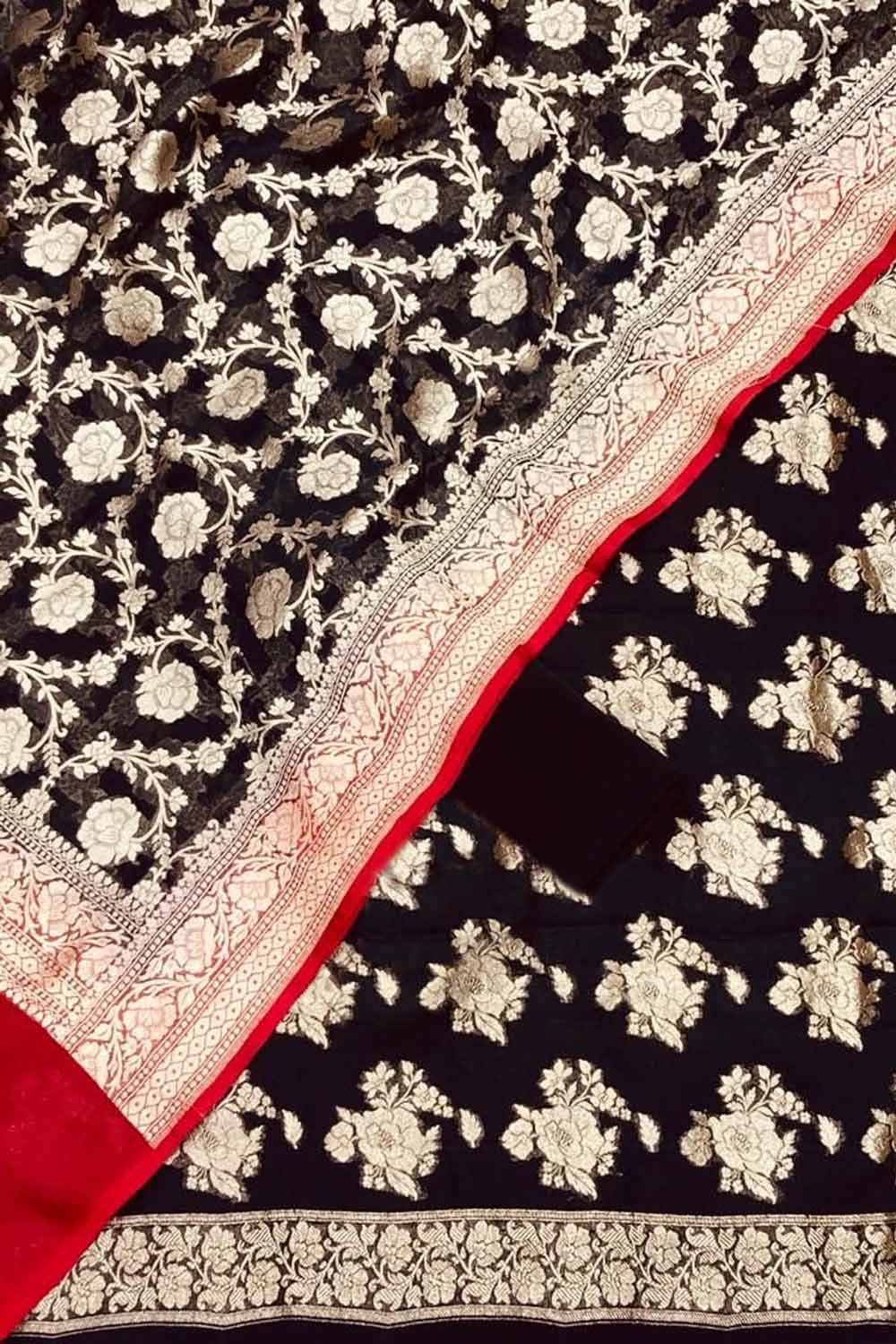 Black Banarasi Georgette Three Piece Unstitched Suit Set - Luxurion World
