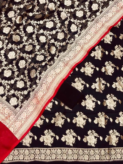 Black Banarasi Georgette Three Piece Unstitched Suit Set - Luxurion World