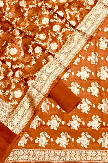 Orange Banarasi Georgette Three Piece Unstitched Suit Set - Luxurion World