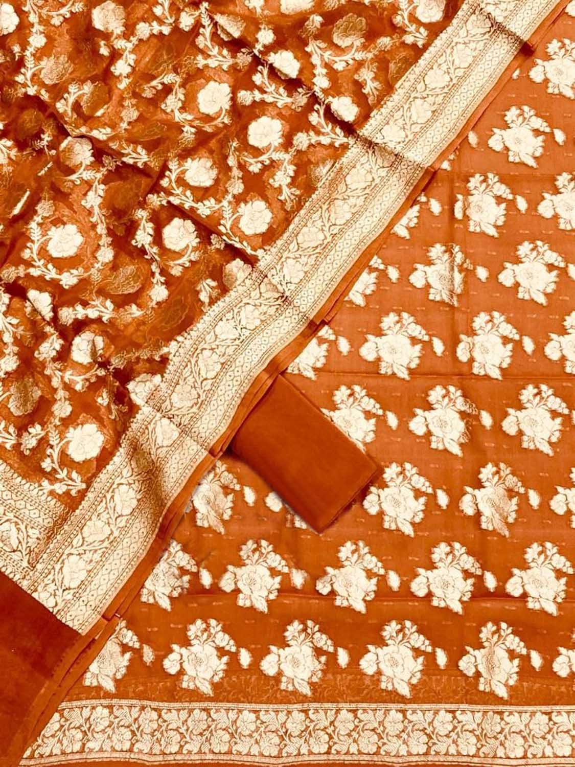 Orange Banarasi Georgette Three Piece Unstitched Suit Set