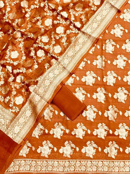 Orange Banarasi Georgette Three Piece Unstitched Suit Set - Luxurion World