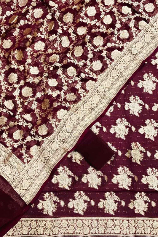 Maroon Banarasi Georgette Three Piece Unstitched Suit Set - Luxurion World