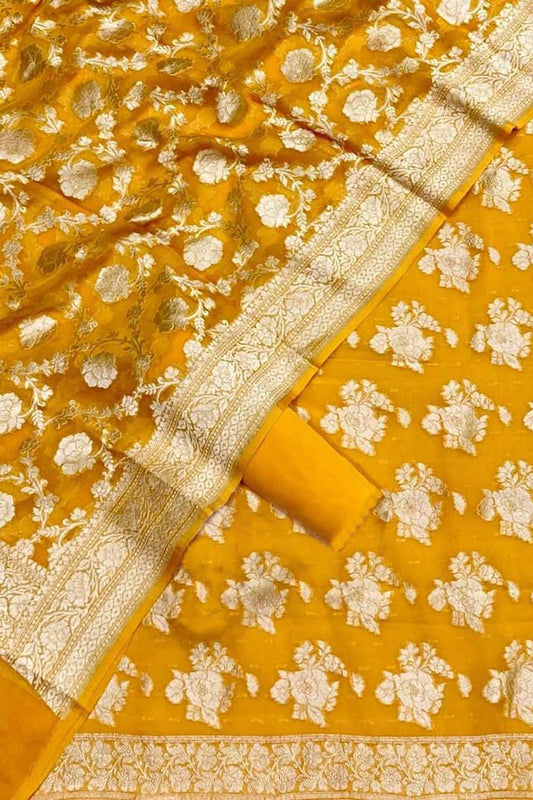 Yellow Banarasi Georgette Three Piece Unstitched Suit Set - Luxurion World