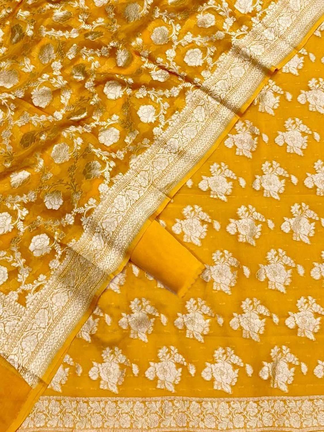 Yellow Banarasi Georgette Three Piece Unstitched Suit Set - Luxurion World