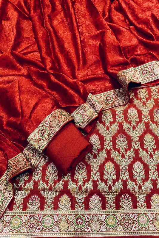 Red Banarasi Chiniya Silk Unstitched Three Piece Suit Set - Luxurion World