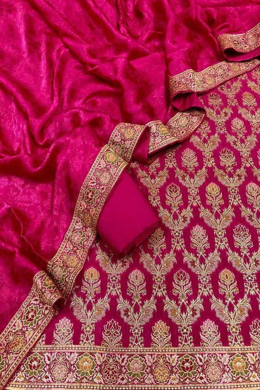 Pink Banarasi Chiniya Silk Unstitched Three Piece Suit Set - Luxurion World