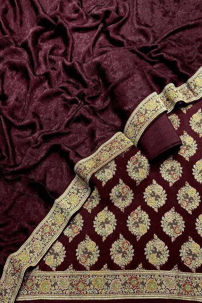 Brown Banarasi Chiniya Silk Unstitched Three Piece Suit Set