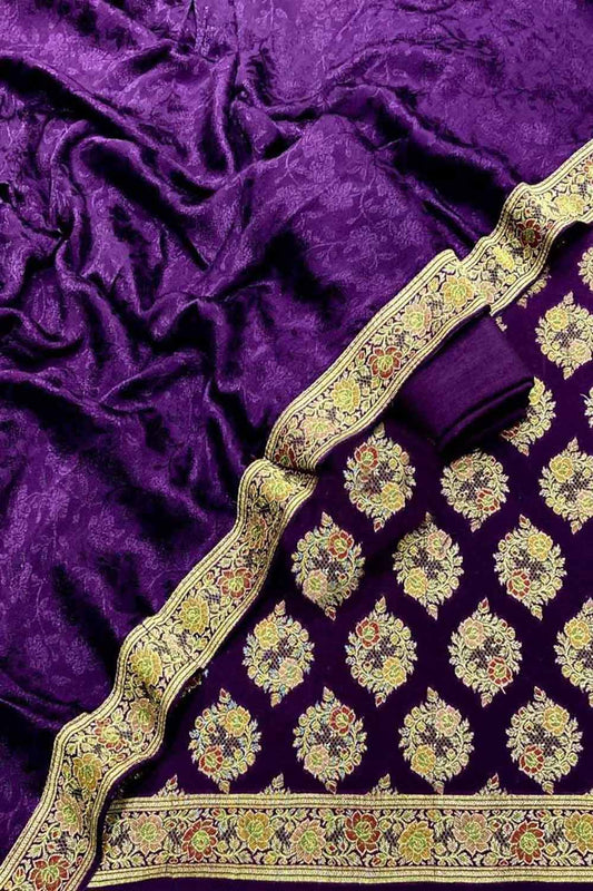 Purple Banarasi Chiniya Silk Unstitched Three Piece Suit Set - Luxurion World